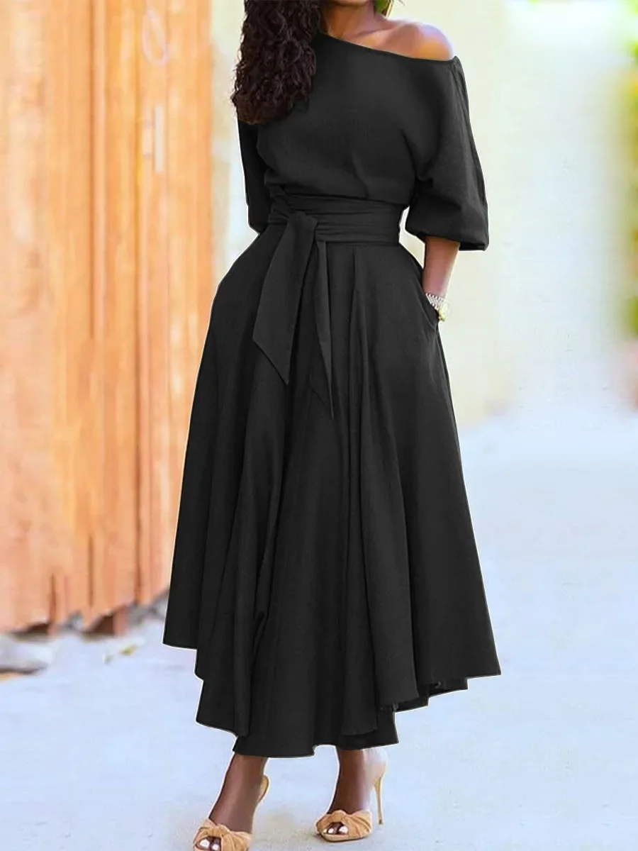 Women’s S-2XL Size New Slanted Shoulder Collar Tie Waist Style Solid Color Dress Leopard print maxi dresses for women Women's S-2XL Size New Slanted Shoulder Collar Tie Waist Style Solid Color Dress Leopard print maxi dresses for women