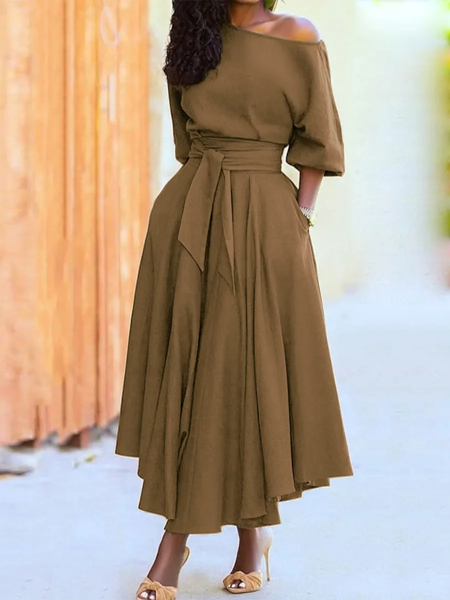 Women’s S-2XL Size New Slanted Shoulder Collar Tie Waist Style Solid Color Dress Leopard print maxi dresses for women Women's S-2XL Size New Slanted Shoulder Collar Tie Waist Style Solid Color Dress Leopard print maxi dresses for women