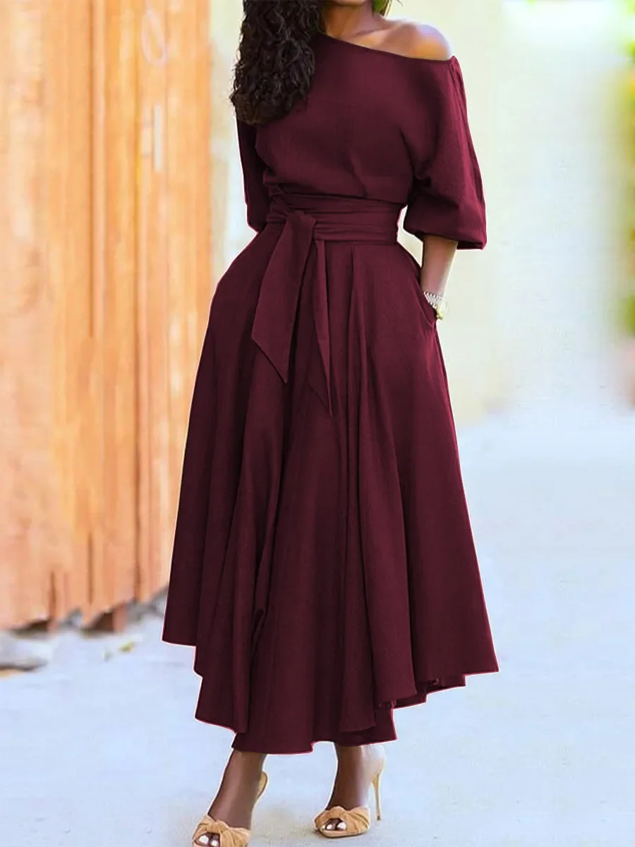 Women’s S-2XL Size New Slanted Shoulder Collar Tie Waist Style Solid Color Dress Leopard print maxi dresses for women Women's S-2XL Size New Slanted Shoulder Collar Tie Waist Style Solid Color Dress Leopard print maxi dresses for women
