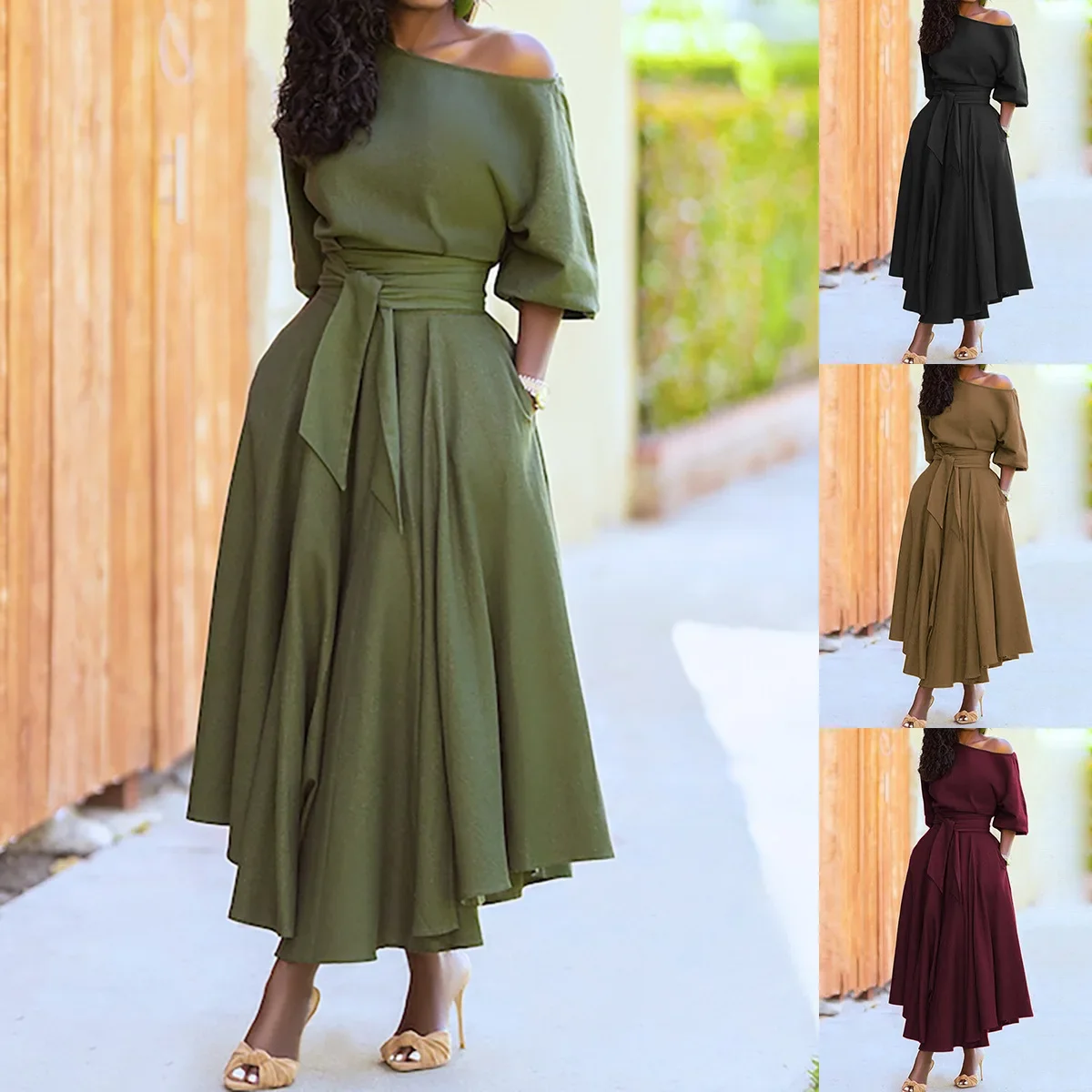 Women’s S-2XL Size New Slanted Shoulder Collar Tie Waist Style Solid Color Dress Leopard print maxi dresses for women Women's S-2XL Size New Slanted Shoulder Collar Tie Waist Style Solid Color Dress Leopard print maxi dresses for women