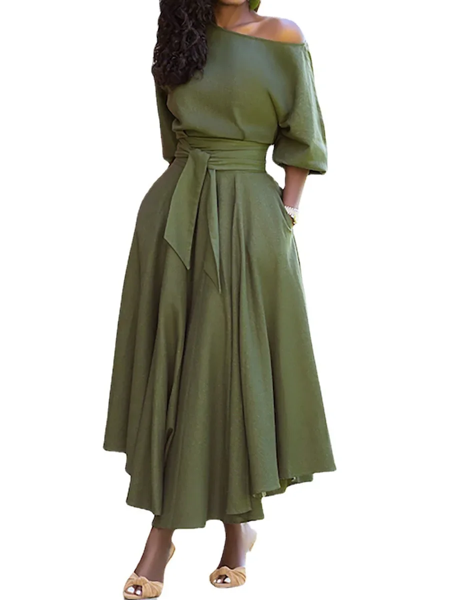 Women’s S-2XL Size New Slanted Shoulder Collar Tie Waist Style Solid Color Dress Leopard print maxi dresses for women Women's S-2XL Size New Slanted Shoulder Collar Tie Waist Style Solid Color Dress Leopard print maxi dresses for women