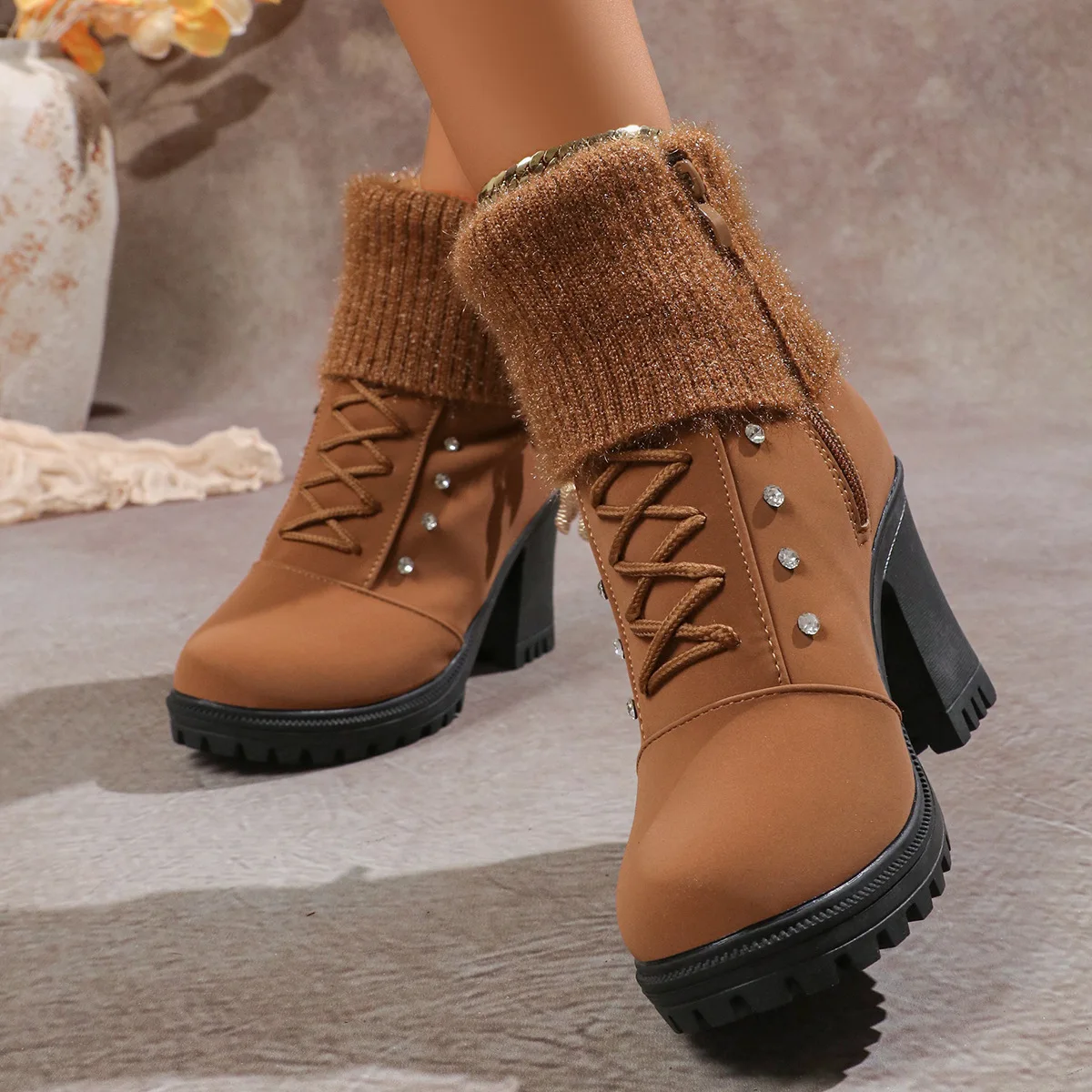 Women Boots Winter Designer High Heels Shoes for Women 2025 New Short Plush High Platform Ankle Boots Elegant Botas Mujer Women winter ankle boots with high square heel, platform sole, and plush lining
