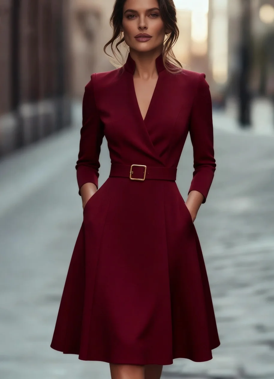 Autumn and winter temperament commuting waist slimming V-neck long-sleeved A-shaped medium-long belt skirt for women Autumn and winter temperament commuting waist slimming V-neck long-sleeved A-shaped medium-long belt skirt for women