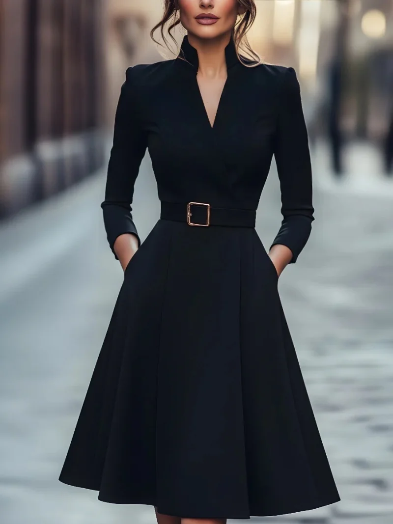 Autumn and winter temperament commuting waist slimming V-neck long-sleeved A-shaped medium-long belt skirt for women Autumn and winter temperament commuting waist slimming V-neck long-sleeved A-shaped medium-long belt skirt for women