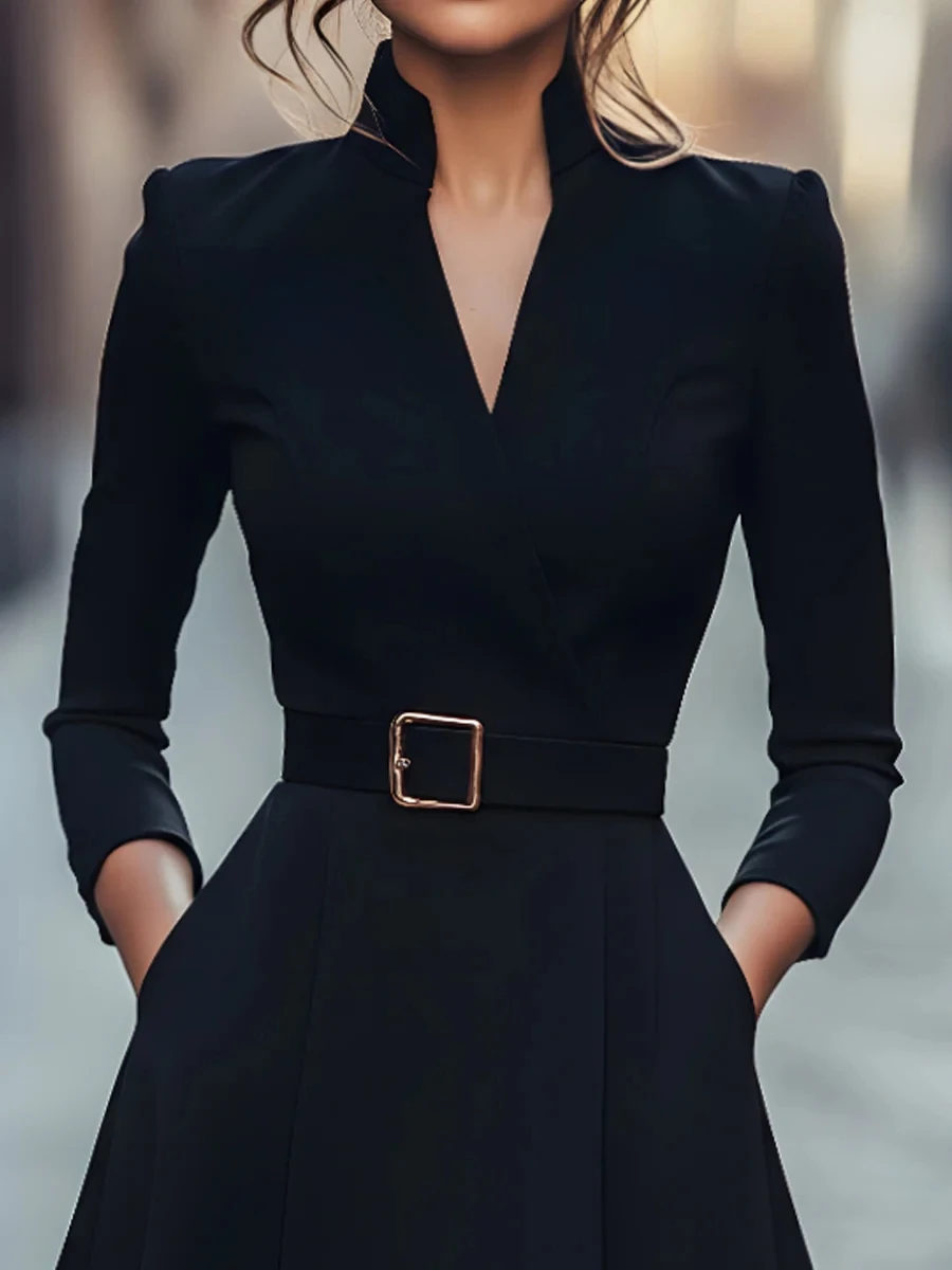 Autumn and winter temperament commuting waist slimming V-neck long-sleeved A-shaped medium-long belt skirt for women Autumn and winter temperament commuting waist slimming V-neck long-sleeved A-shaped medium-long belt skirt for women