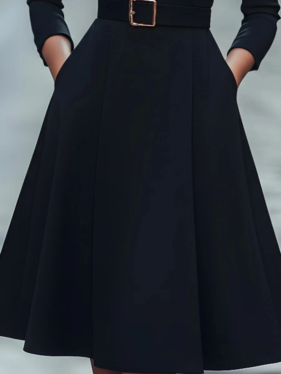 Autumn and winter temperament commuting waist slimming V-neck long-sleeved A-shaped medium-long belt skirt for women Autumn and winter temperament commuting waist slimming V-neck long-sleeved A-shaped medium-long belt skirt for women