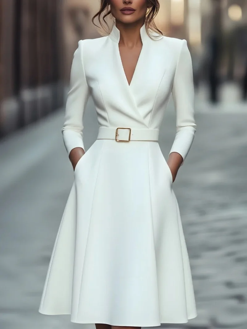 Autumn and winter temperament commuting waist slimming V-neck long-sleeved A-shaped medium-long belt skirt for women Autumn and winter temperament commuting waist slimming V-neck long-sleeved A-shaped medium-long belt skirt for women