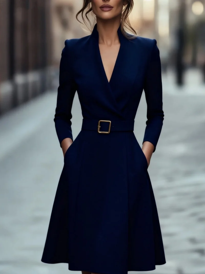 Autumn and winter temperament commuting waist slimming V-neck long-sleeved A-shaped medium-long belt skirt for women Women A-line V-neck dress with belted waist in autumn and winter style