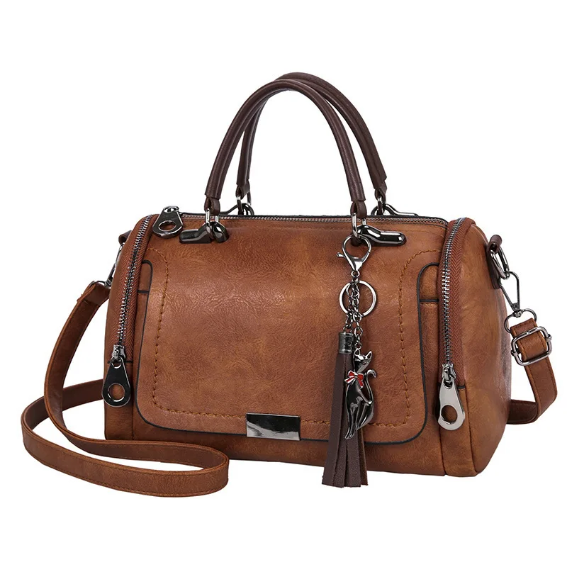 Tassel Decor Women’s Large Capacity Shoulder Bag Fashion Zipper Crossbody Bag With Removable Strap Boston Handbag Tassel Decor Women's Large Capacity Shoulder Bag Fashion Zipper Crossbody Bag With Removable Strap Boston Handbag