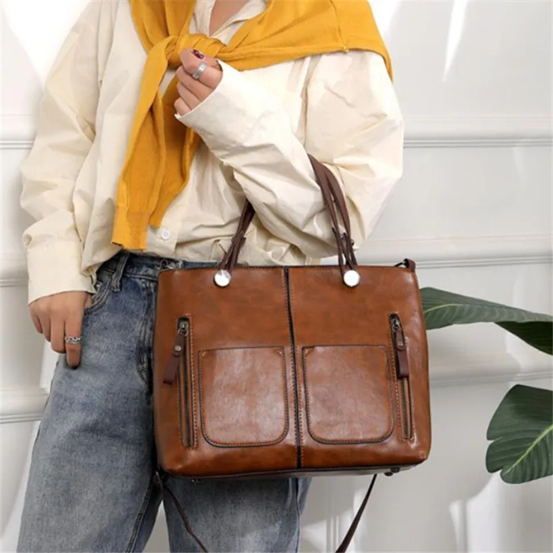 Europe America Retro Leather Handbag Shoulder Bag, Two Pocket Zipper Tote Bag, Classic Crossbody Bags for Women Work Business Europe America Retro Leather Handbag Shoulder Bag, Two Pocket Zipper Tote Bag, Classic Crossbody Bags for Women Work Business