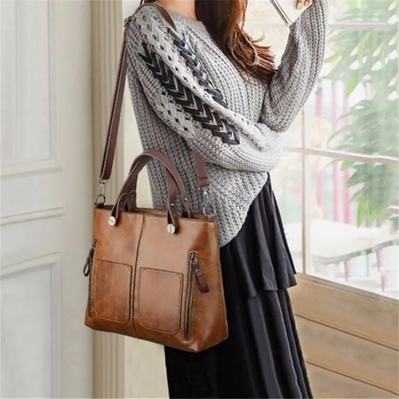 Europe America Retro Leather Handbag Shoulder Bag, Two Pocket Zipper Tote Bag, Classic Crossbody Bags for Women Work Business Europe America Retro Leather Handbag Shoulder Bag, Two Pocket Zipper Tote Bag, Classic Crossbody Bags for Women Work Business