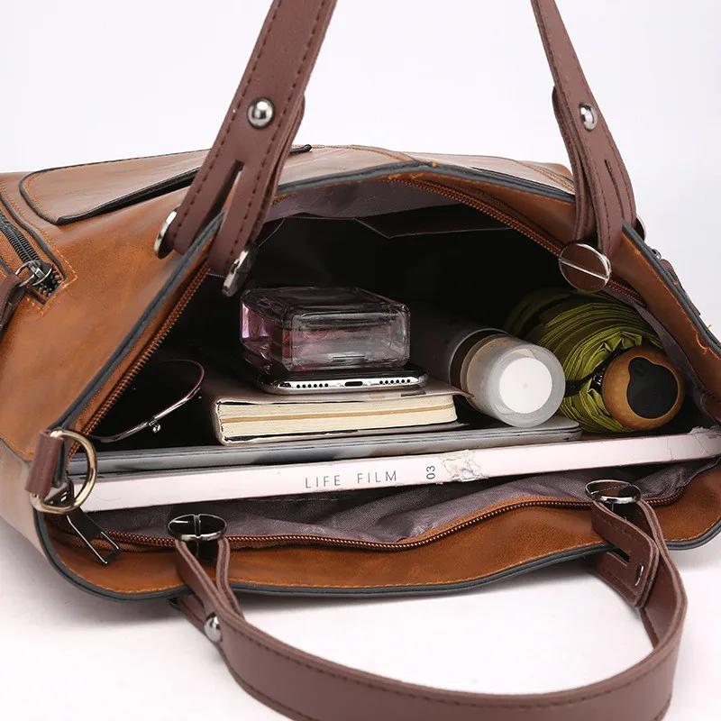 Europe America Retro Leather Handbag Shoulder Bag, Two Pocket Zipper Tote Bag, Classic Crossbody Bags for Women Work Business Europe America Retro Leather Handbag Shoulder Bag, Two Pocket Zipper Tote Bag, Classic Crossbody Bags for Women Work Business