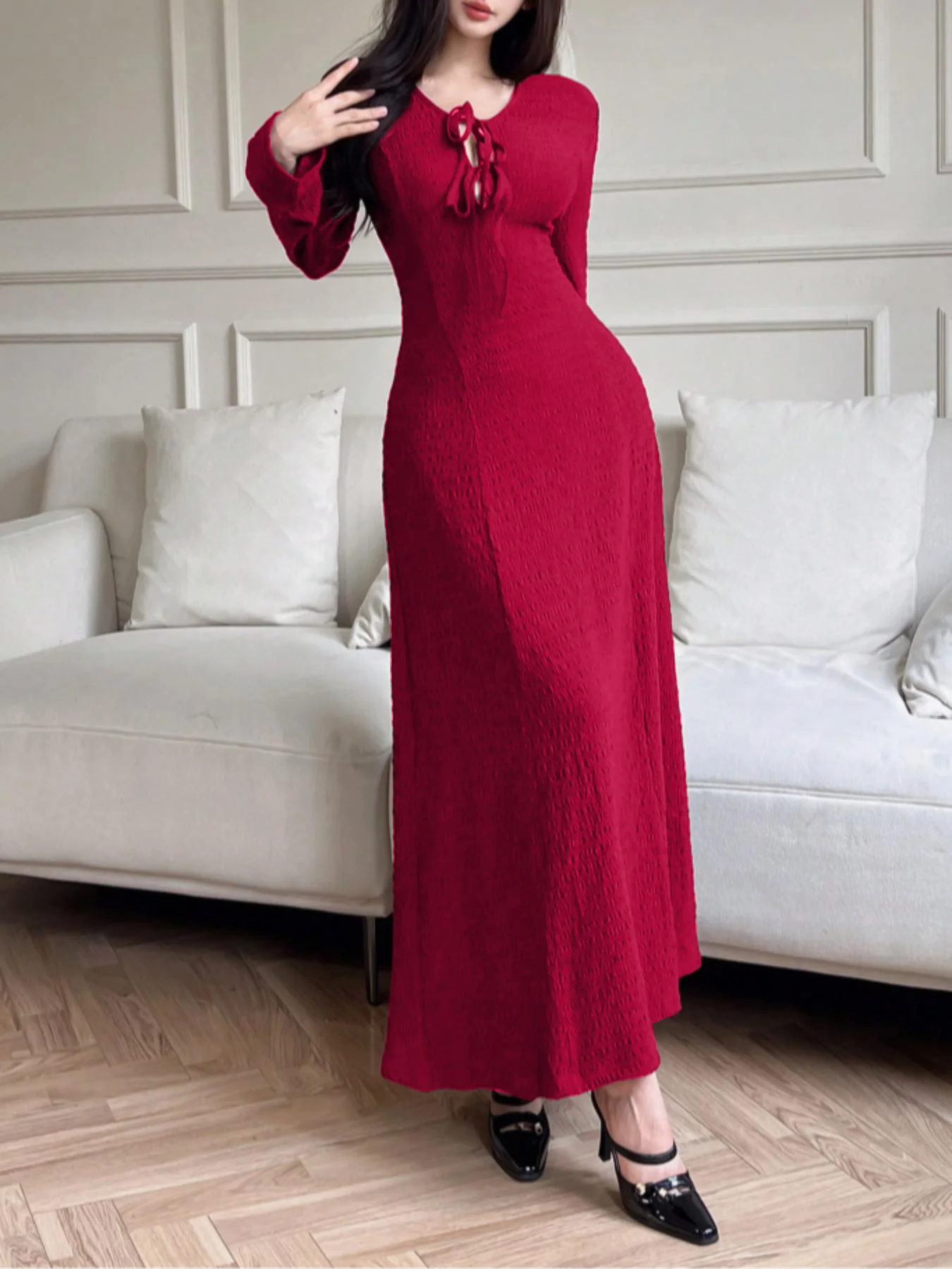 Elegant lady’s long-sleeved simple basic solid-color dress Elegant lady's long-sleeved simple basic solid-color dress