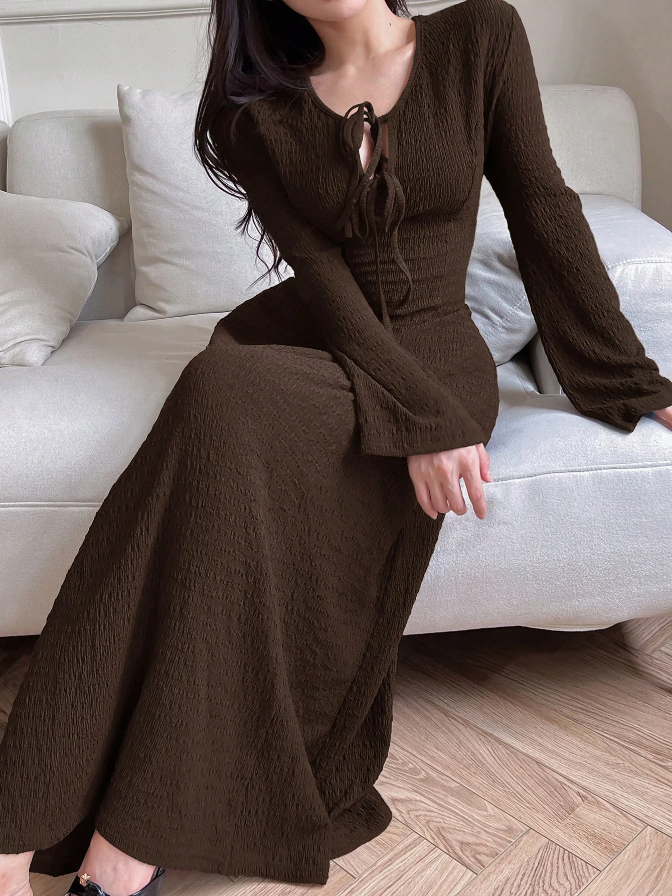 Elegant lady’s long-sleeved simple basic solid-color dress Elegant lady's long-sleeved simple basic solid-color dress
