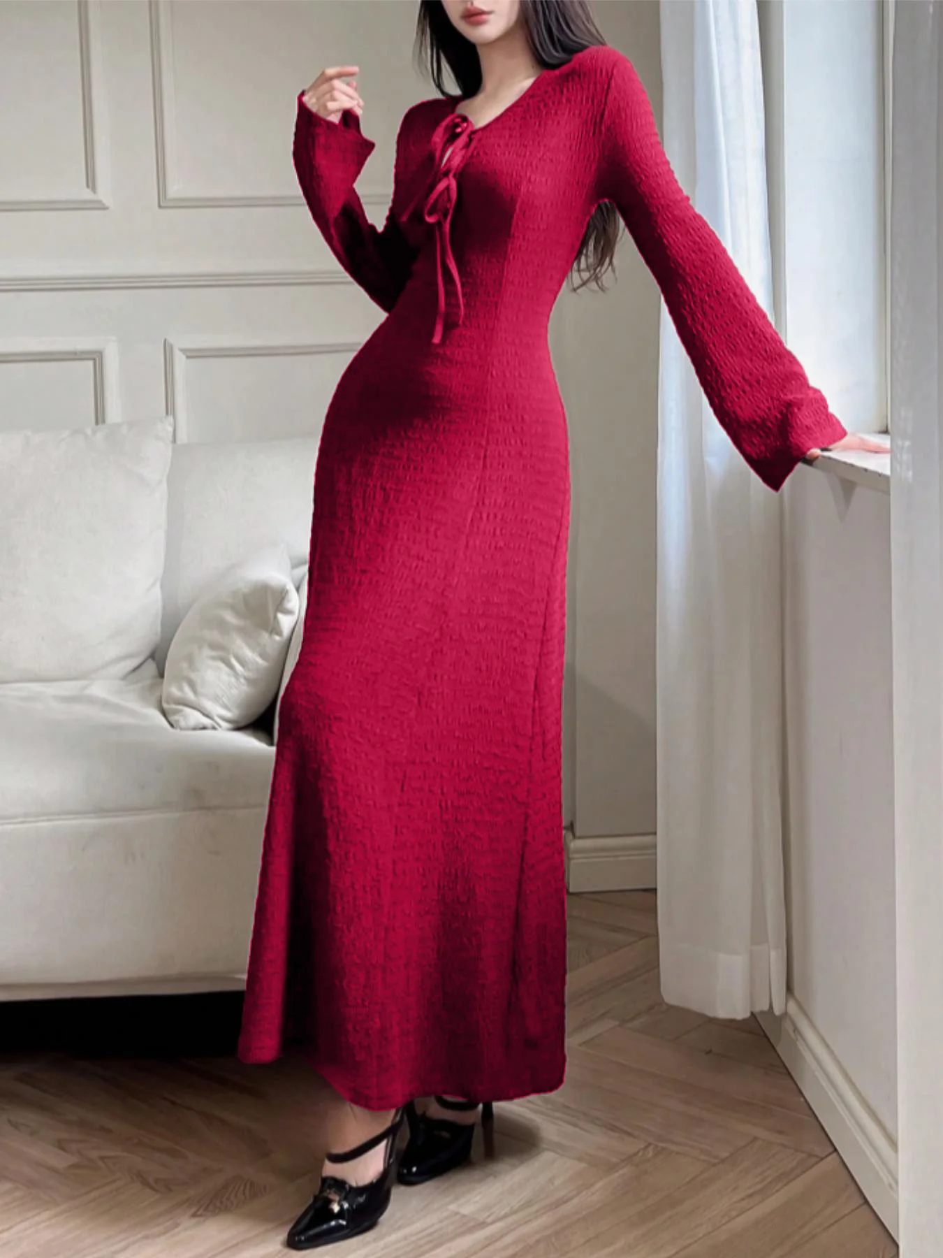 Elegant lady’s long-sleeved simple basic solid-color dress Elegant lady's long-sleeved simple basic solid-color dress