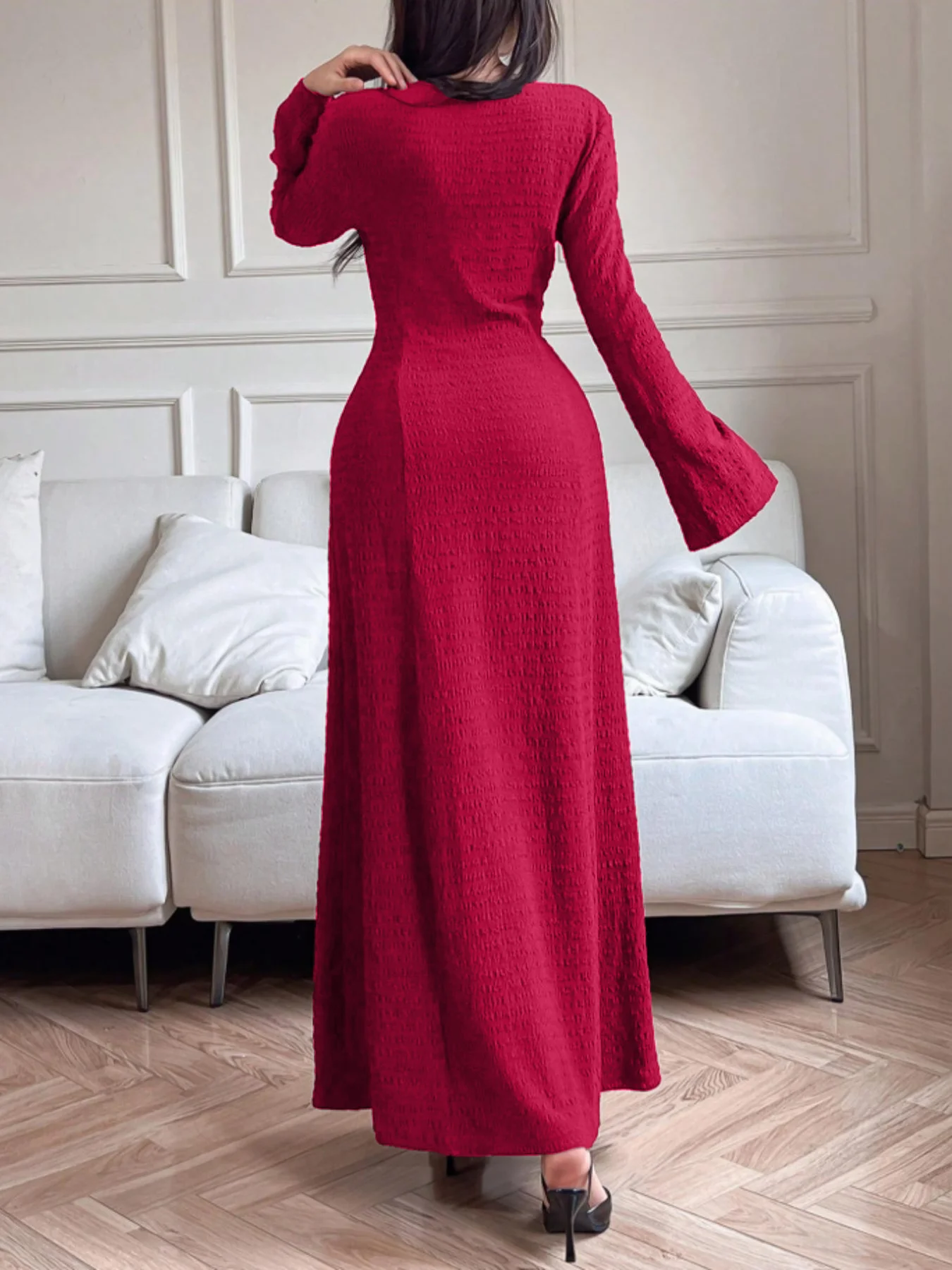 Elegant lady’s long-sleeved simple basic solid-color dress Elegant lady's long-sleeved simple basic solid-color dress