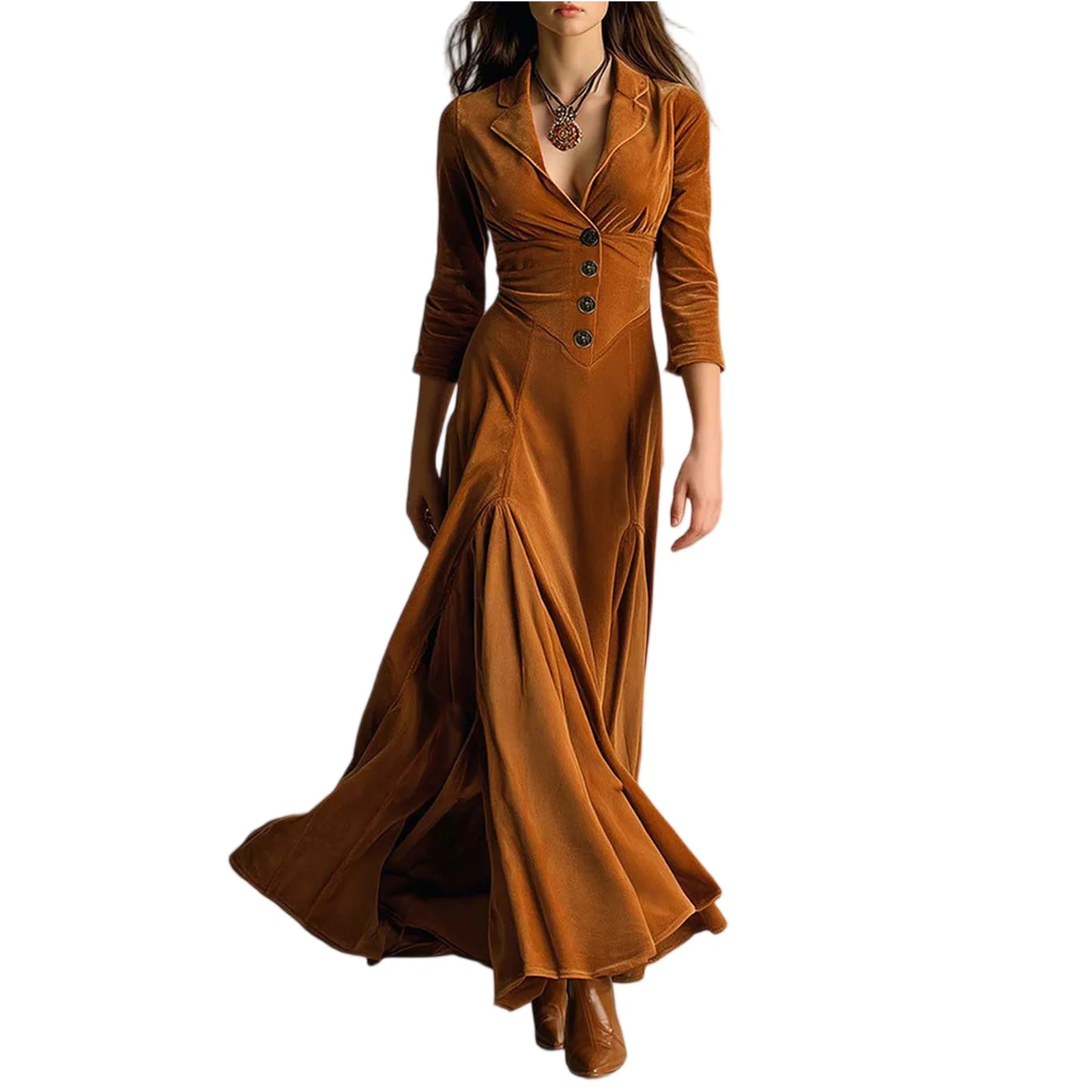 Spring Autumn Vintage Velvet Long Dresses Women’s Fashion Long-sleeved Elegant Dress,Pleated Button Lapel Office Dress Spring Autumn Vintage Velvet Long Dresses Women's Fashion Long-sleeved Elegant Dress,Pleated Button Lapel Office Dress