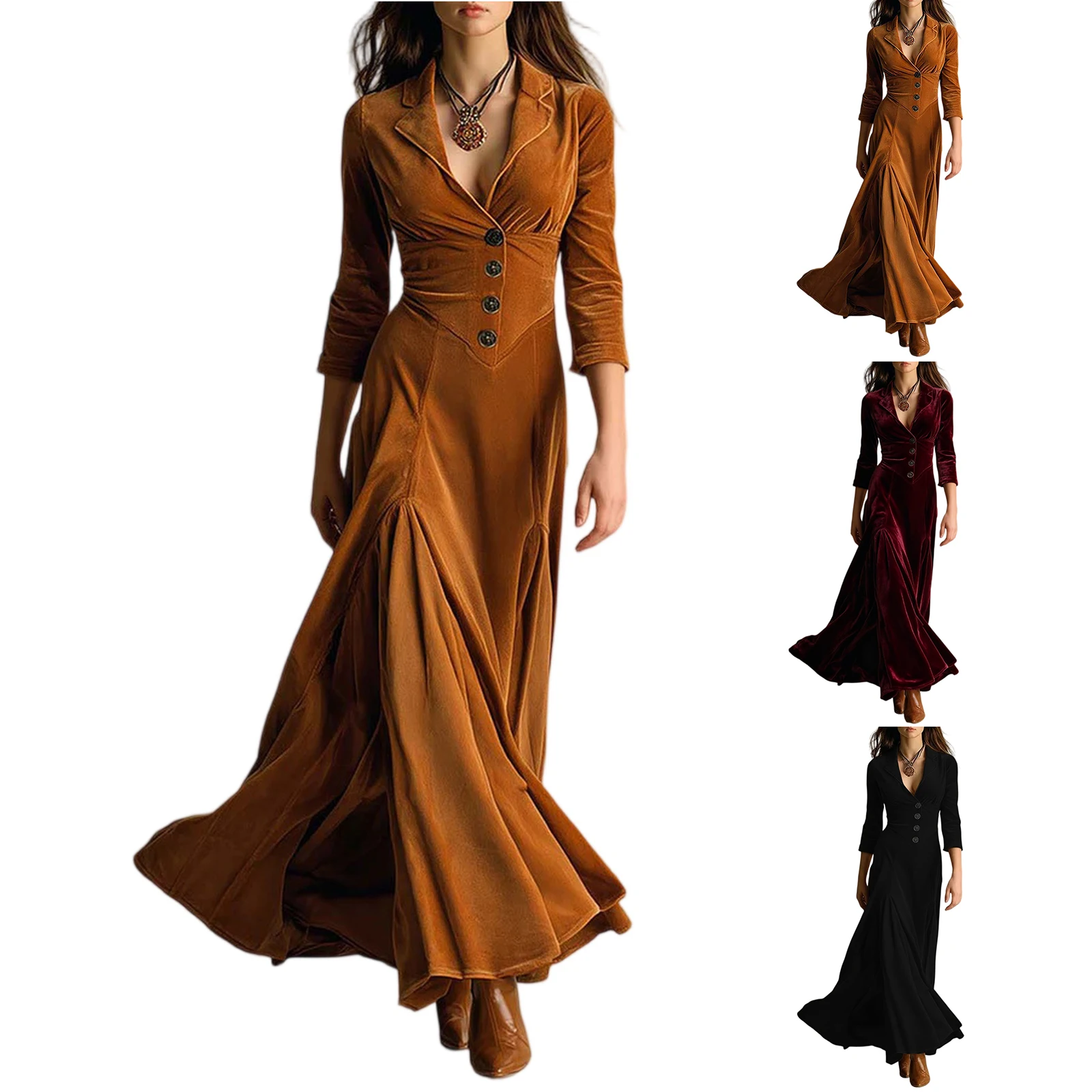 Spring Autumn Vintage Velvet Long Dresses Women’s Fashion Long-sleeved Elegant Dress,Pleated Button Lapel Office Dress Spring Autumn Vintage Velvet Long Dresses Women's Fashion Long-sleeved Elegant Dress,Pleated Button Lapel Office Dress