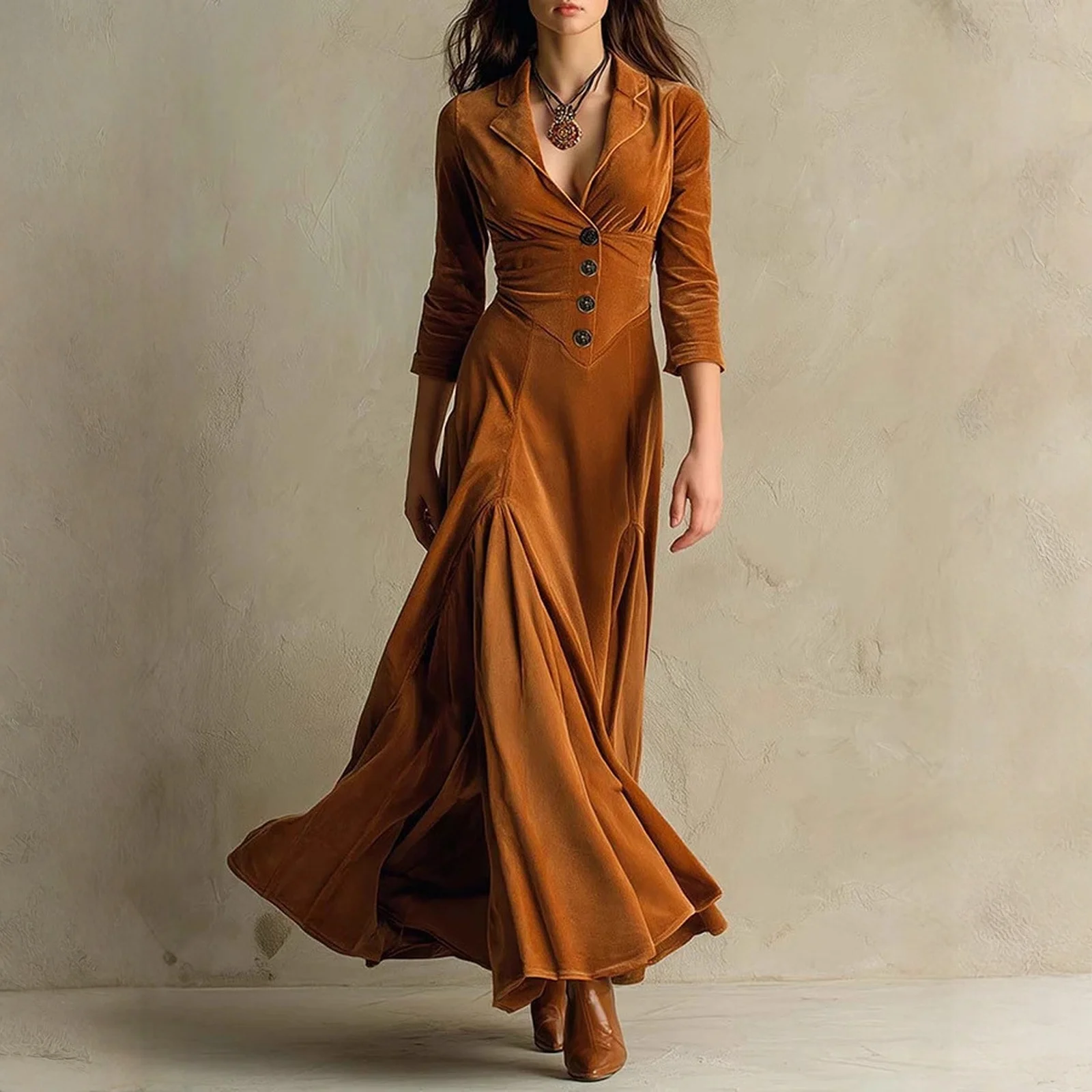 Spring Autumn Vintage Velvet Long Dresses Women’s Fashion Long-sleeved Elegant Dress,Pleated Button Lapel Office Dress Vintage velvet long dress for women with pleated design and button lapel collar