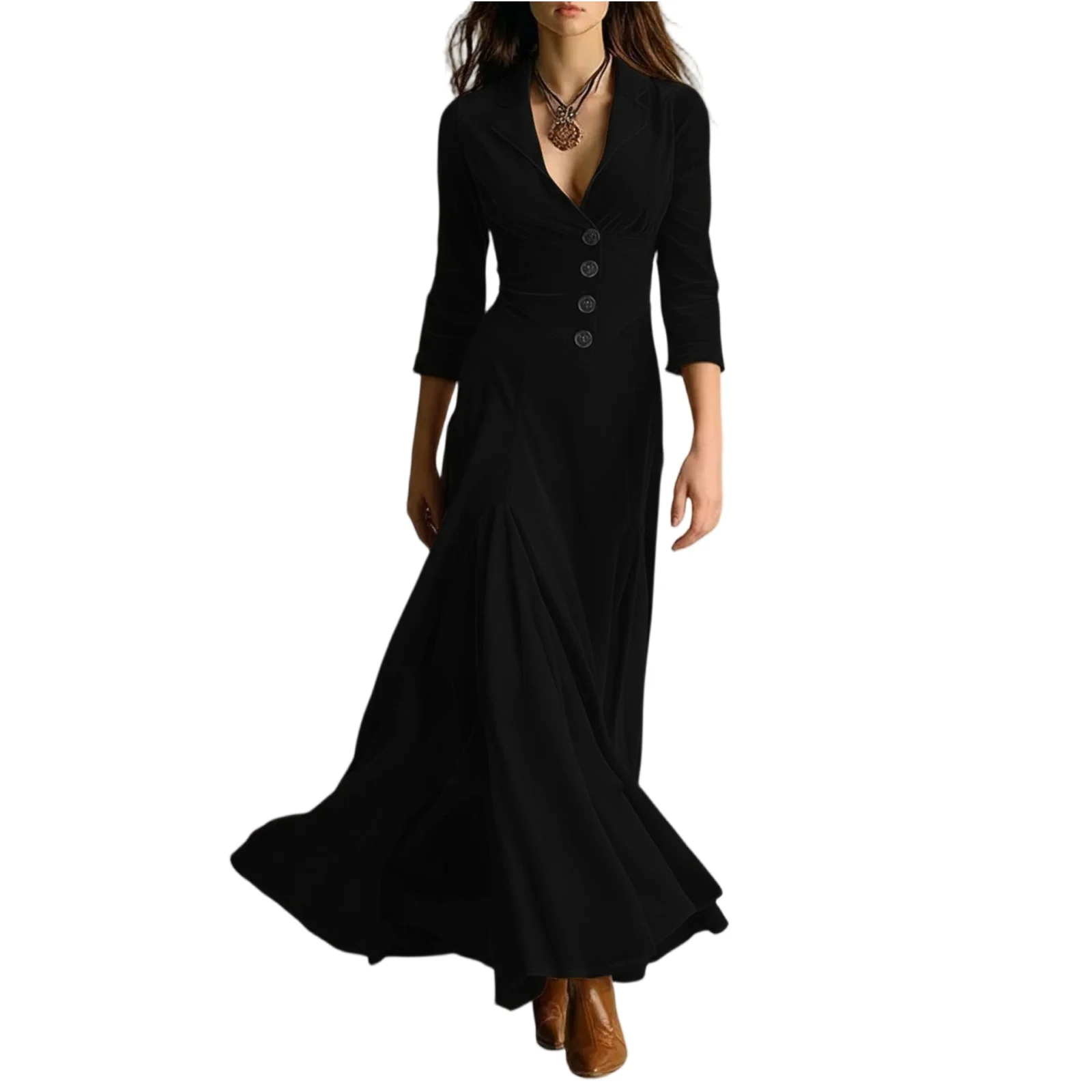 Spring Autumn Vintage Velvet Long Dresses Women’s Fashion Long-sleeved Elegant Dress,Pleated Button Lapel Office Dress Spring Autumn Vintage Velvet Long Dresses Women's Fashion Long-sleeved Elegant Dress,Pleated Button Lapel Office Dress