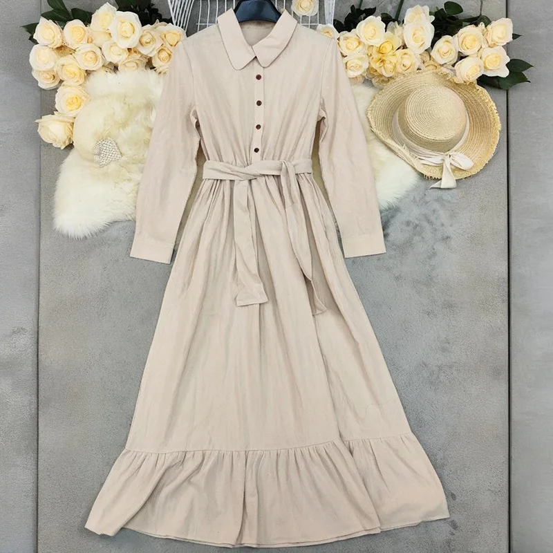 Fashionable Retro V-Neck Long Sleeve Maxi Dress Elegant Skirt Style High Waist Cotton Blend Comfortable Long Dress for Autumn Fashionable Retro V-Neck Long Sleeve Maxi Dress Elegant Skirt Style High Waist Cotton Blend Comfortable Long Dress for Autumn