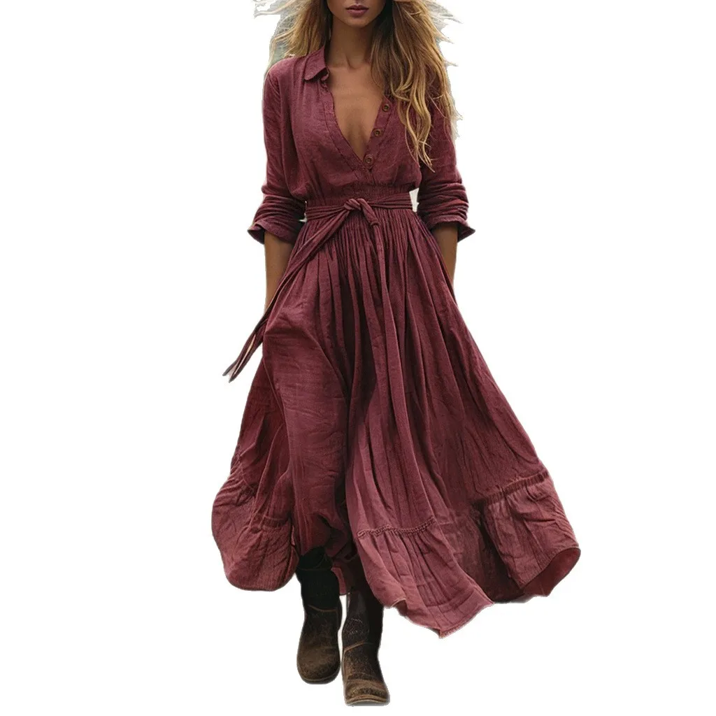 Fashionable Retro V-Neck Long Sleeve Maxi Dress Elegant Skirt Style High Waist Cotton Blend Comfortable Long Dress for Autumn Fashionable Retro V-Neck Long Sleeve Maxi Dress Elegant Skirt Style High Waist Cotton Blend Comfortable Long Dress for Autumn