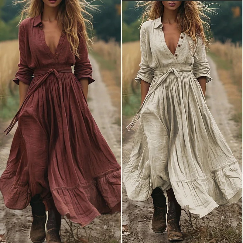 Fashionable Retro V-Neck Long Sleeve Maxi Dress Elegant Skirt Style High Waist Cotton Blend Comfortable Long Dress for Autumn Retro V-neck long sleeve maxi dress for women with high waist elegant fit