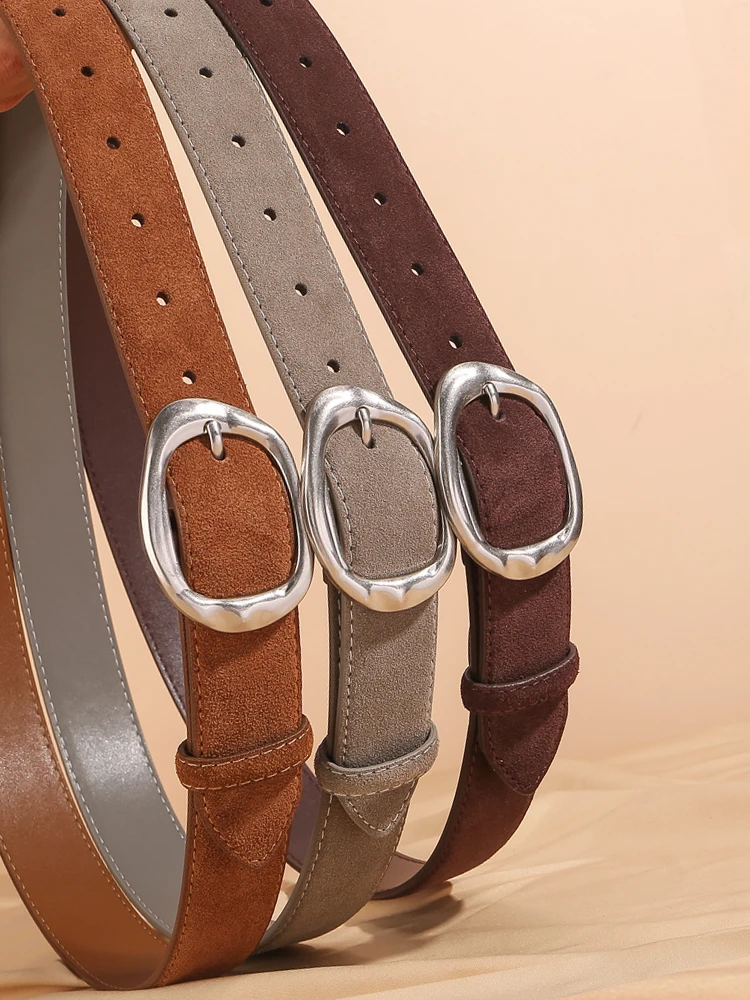 New Luxury Suede Cowhide Leather Belt for Women Vintage Style with Sliver Metal Buckle, 3.3cm Wide Waistband for Dresses & Jeans Luxury suede leather belt for women with silver metal buckle vintage style
