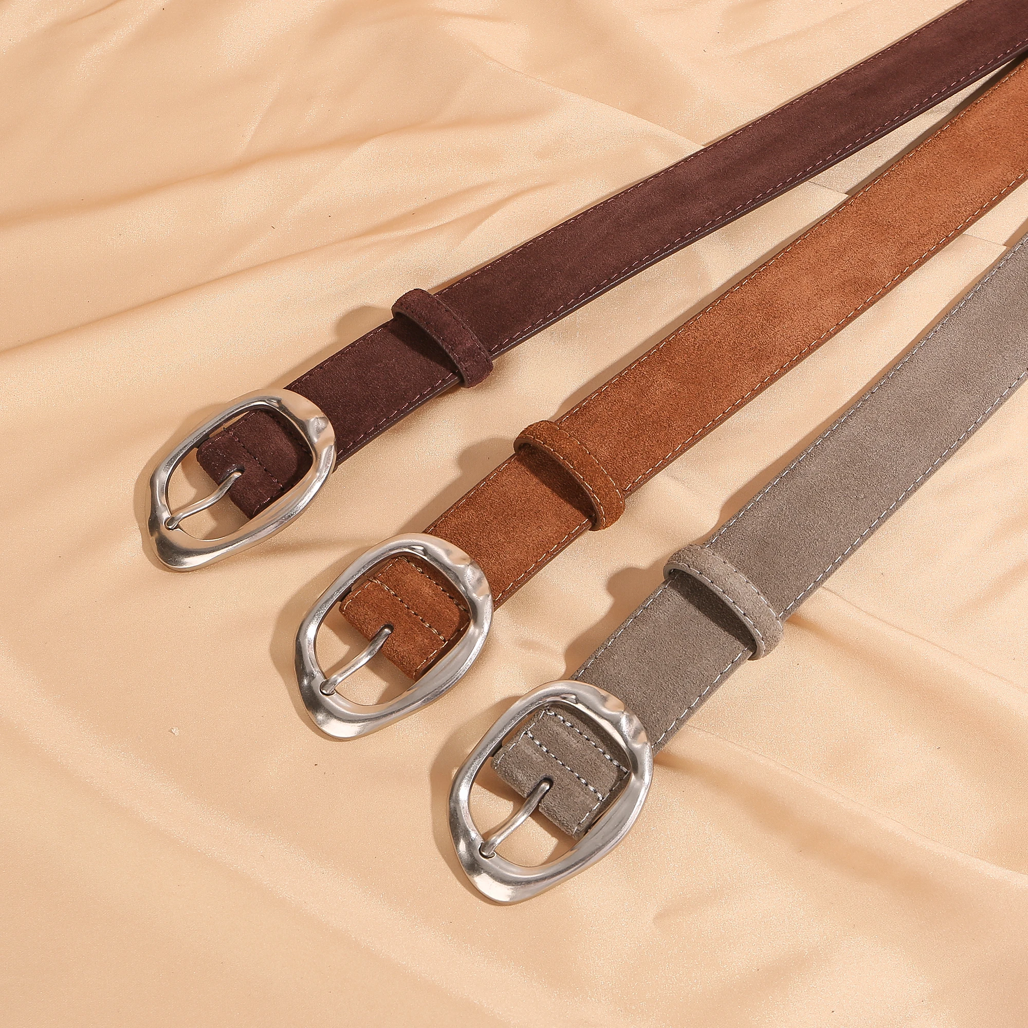 New Luxury Suede Cowhide Leather Belt for Women Vintage Style with Sliver Metal Buckle, 3.3cm Wide Waistband for Dresses & Jeans New Luxury Suede Cowhide Leather Belt for Women Vintage Style with Sliver Metal Buckle, 3.3cm Wide Waistband for Dresses & Jeans