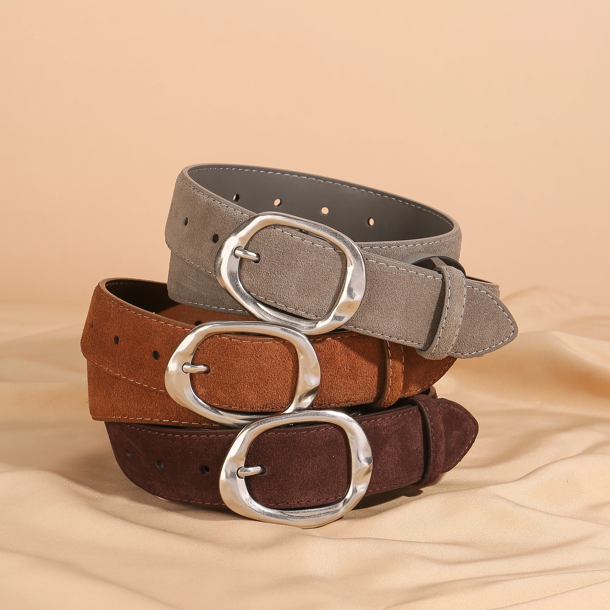 New Luxury Suede Cowhide Leather Belt for Women Vintage Style with Sliver Metal Buckle, 3.3cm Wide Waistband for Dresses & Jeans New Luxury Suede Cowhide Leather Belt for Women Vintage Style with Sliver Metal Buckle, 3.3cm Wide Waistband for Dresses & Jeans