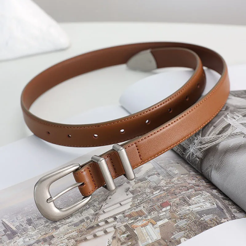 Maikun New Vintage Ladies Leather Belt Simple All-Match Silver Buckle Decorative Belt For Women Vintage slim leather waist belt for women with silver buckle all-match design