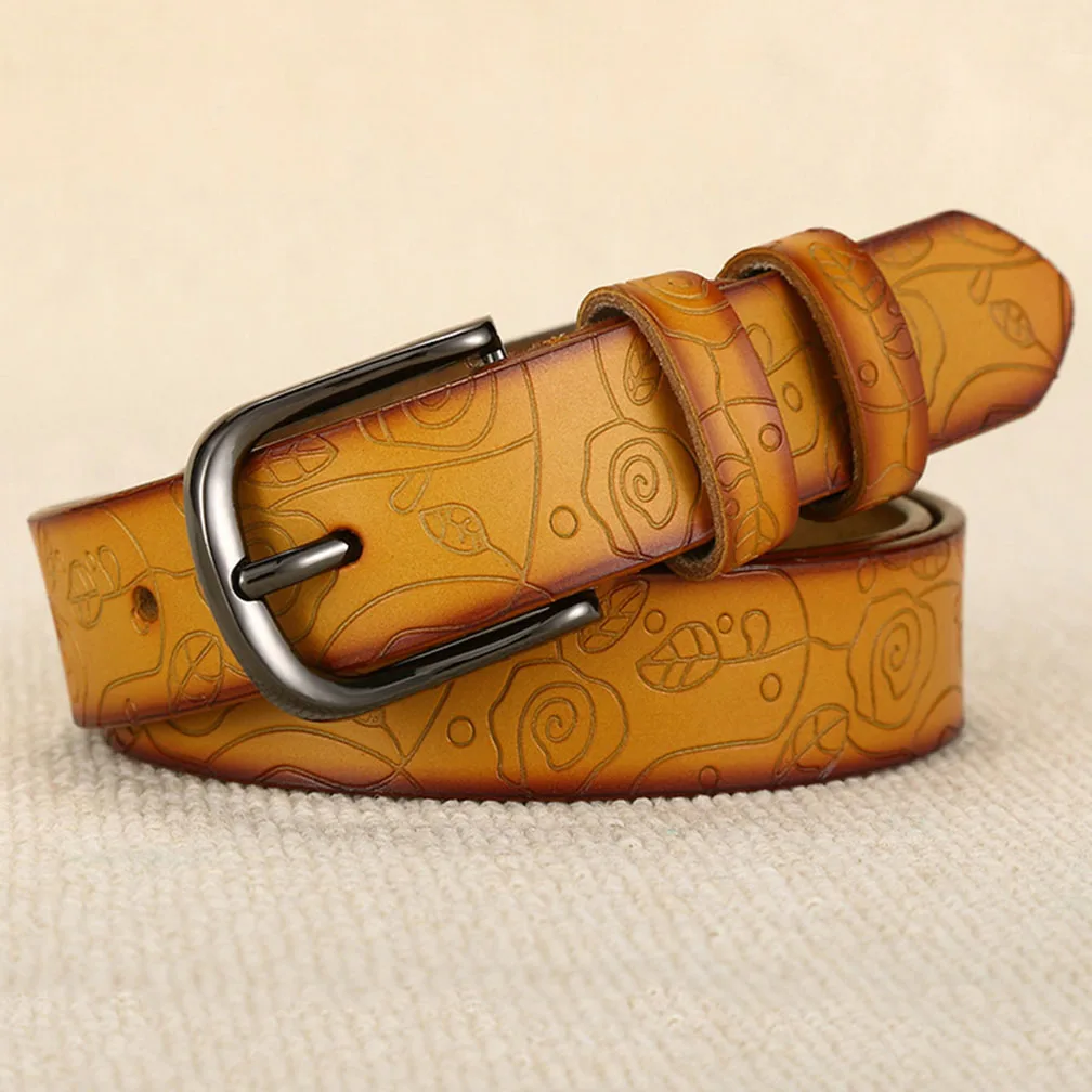 Fashion Design Floral Pattern Rose Red Genuine Leather Female Belt Women’s Pin Buckle Metal Belts 28mm Wide 2023 FCO082 Women’s floral cowhide leather waist belt with pin buckle fashion design