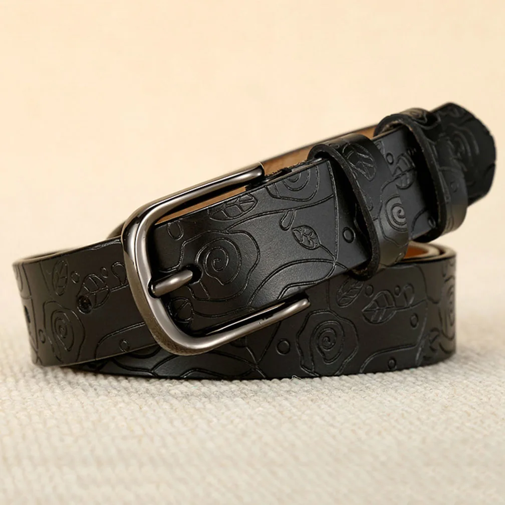 Floral genuine leather belt for women rose red with metal pin buckle