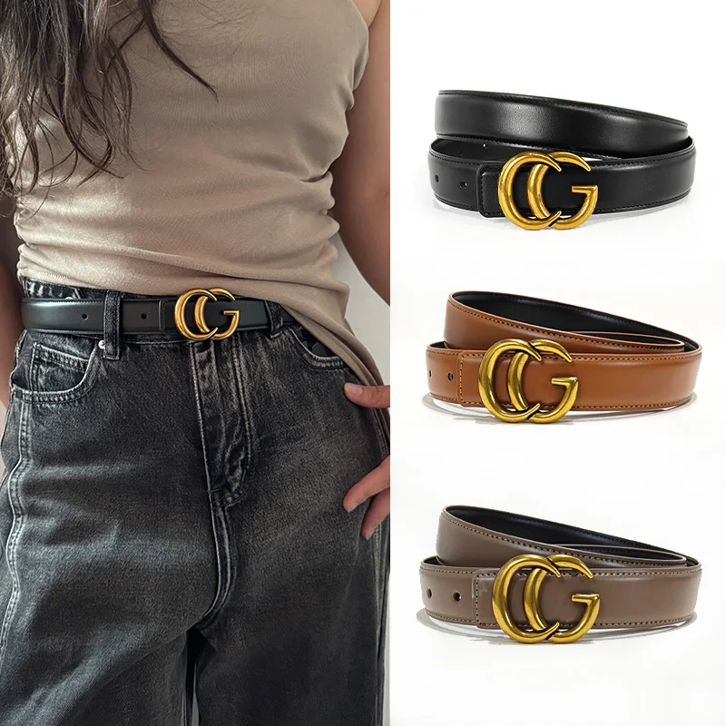 High-end Luxury Designer Brands Real genuine Cowhide Leather Belt for Women CG Bucket Elegant Belt Female Jeans Waistband Luxury women’s cowhide leather waist belt for jeans