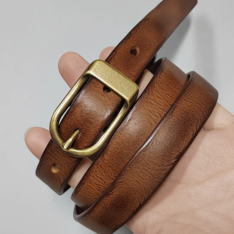 Retro Narrow Cowhide Women’s Belt Pure Copper Button Top Cowhide All-match Casual Jeans Belt High Quality Luxury Women Belt Slim cowhide casual jeans belt women