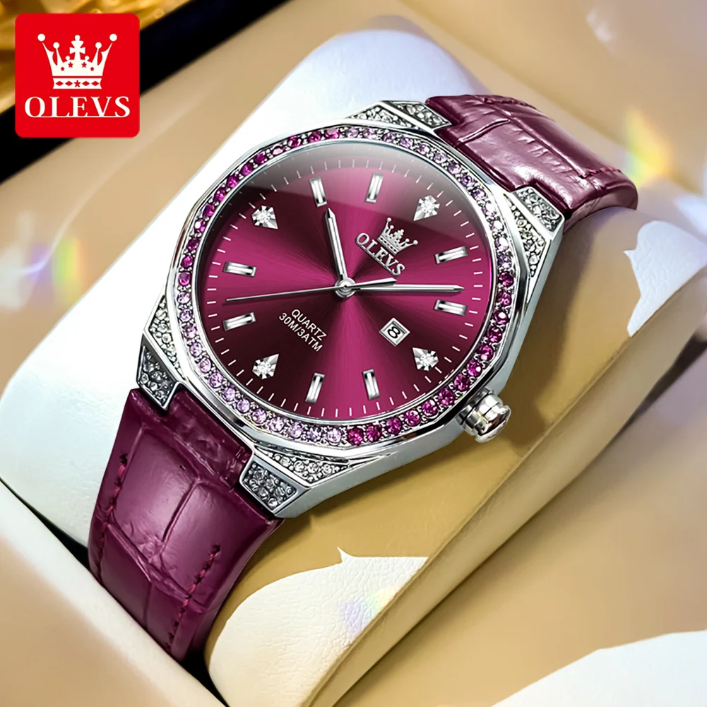 OLEVS luxury women leather watch diamond dial