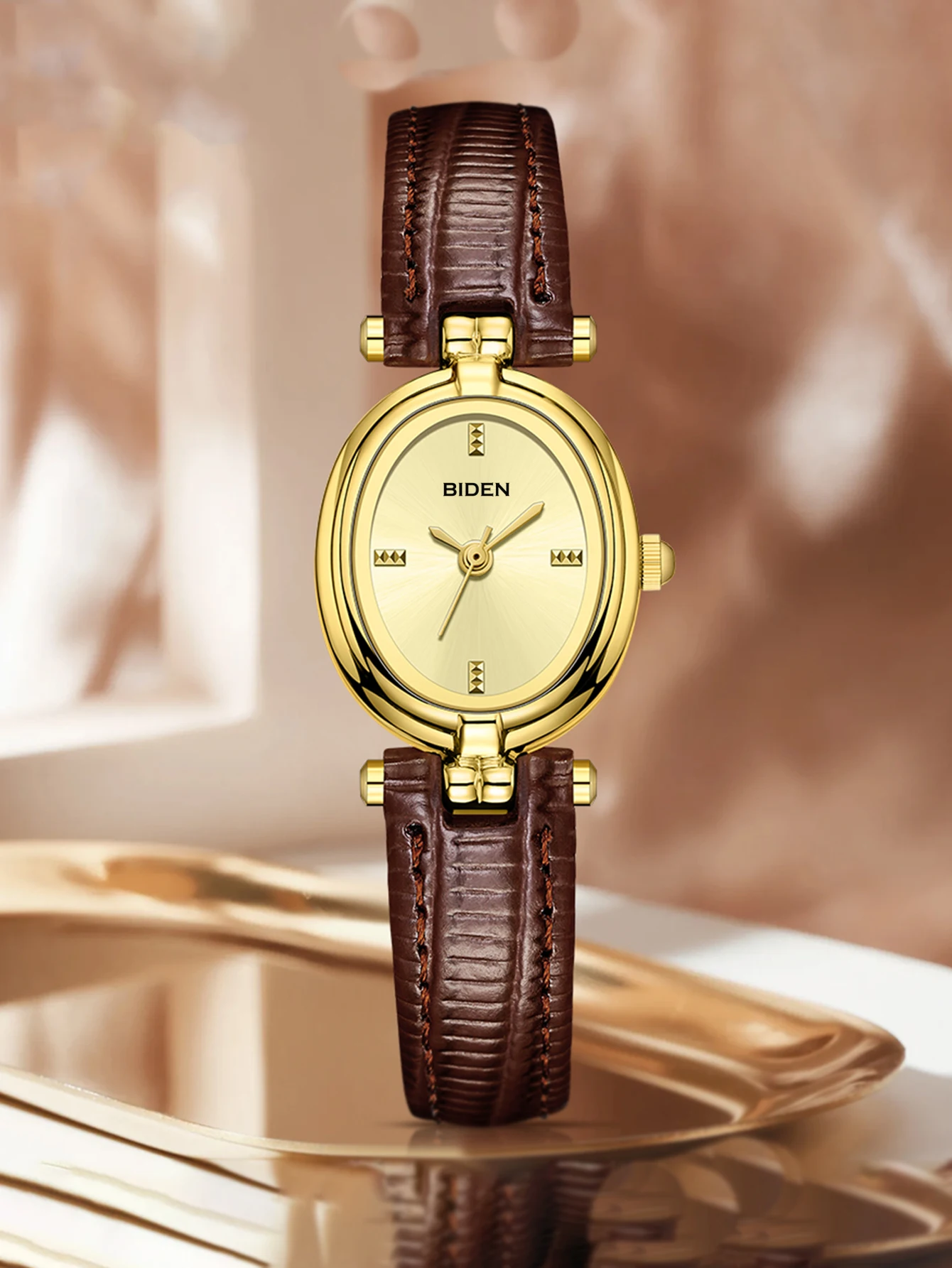 BIDEN Simple Women’s Watch Retro Luxury High Quality Gold Oval Small Dial Fashion Leather Quartz Watch Relojes femeninos BIDEN oval women’s quartz watch gold case close-up