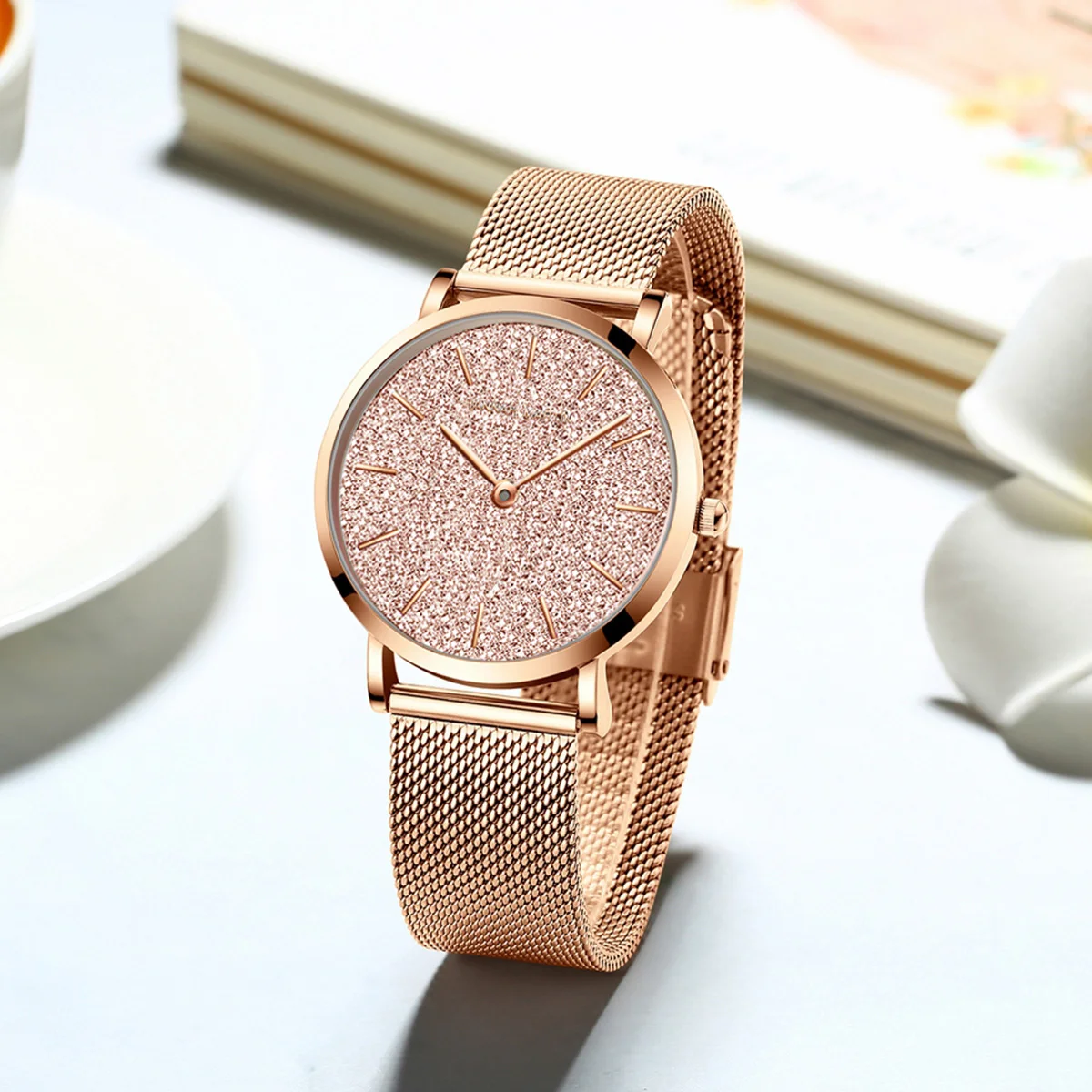 Hannah Martin Luxury Women’s Watch With Japanese Original Quartz Movement Stainless Steel Mesh Strap 36mm Rose Gold Wrist Watch 36mm round dial quartz watch Hannah Martin for women