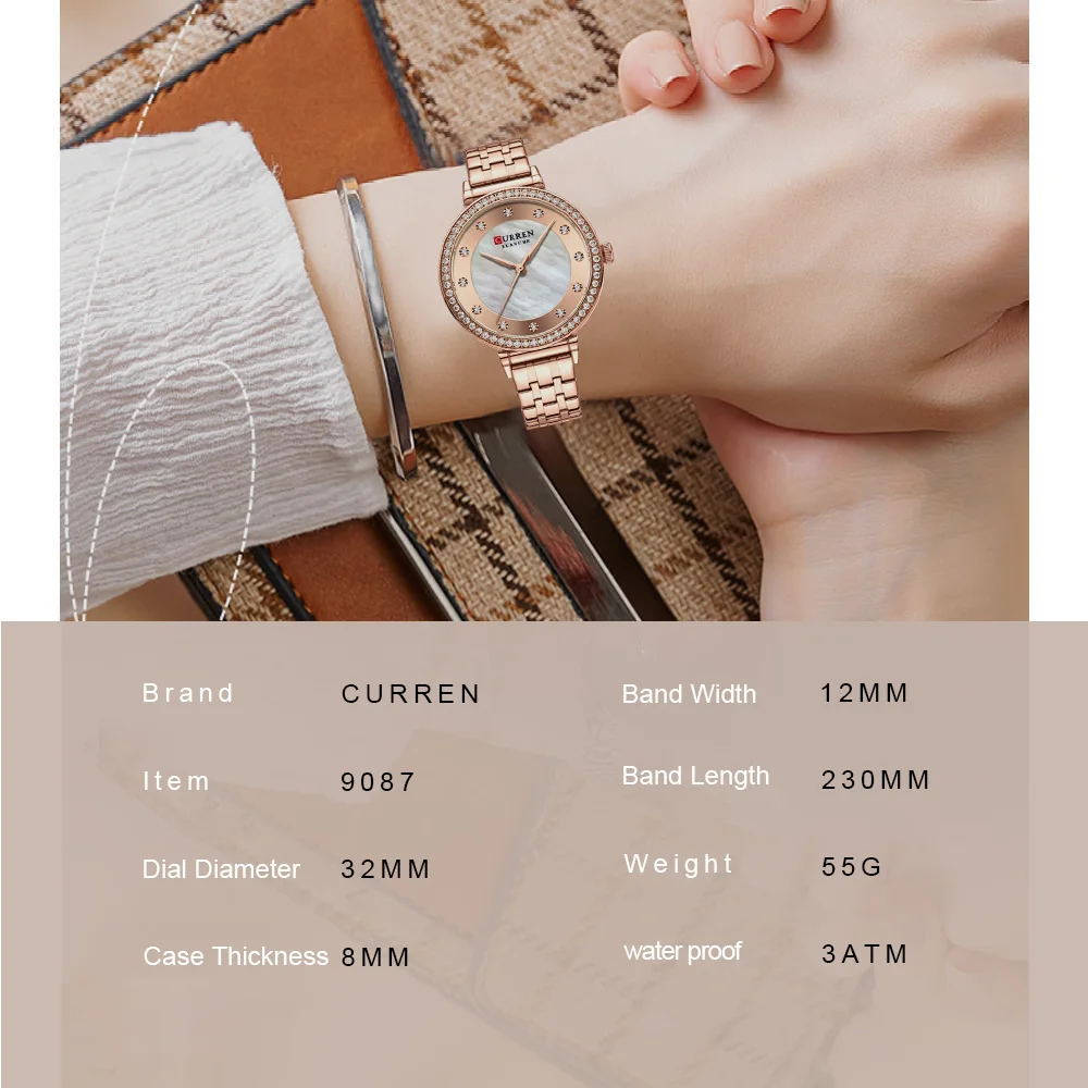 CURREN Luxury Ladies Watch 32mm Slim Dial with Shining Rhinestones Stainess Steel Band lightweight Elegant Dressy Gift CURREN Luxury Ladies Watch 32mm Slim Dial with Shining Rhinestones Stainess Steel Band lightweight Elegant Dressy Gift