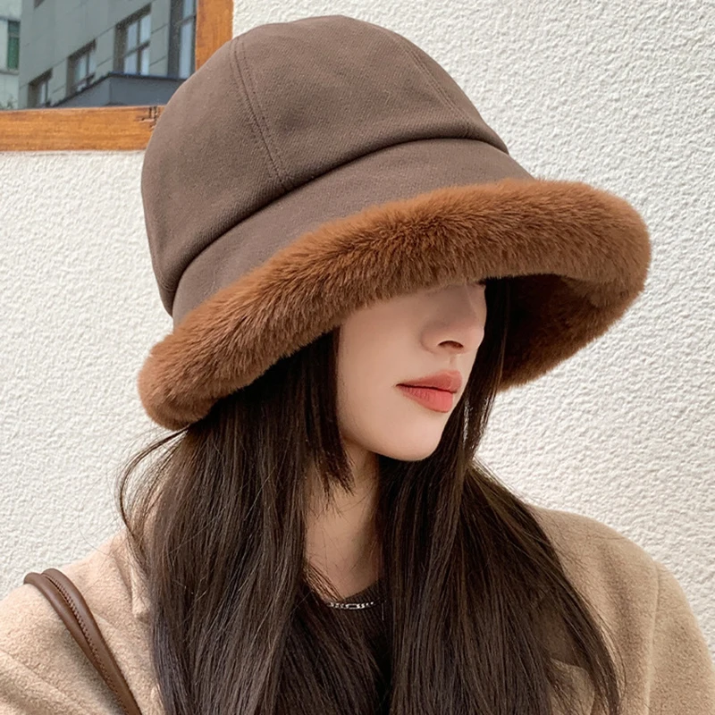 Fashion Fluffy Fur Bucket Hat for Women Winter Thick Warm Panama Fisherman Hat Female Vintage Soft Plush Basin Cap Fashion Fluffy Fur Bucket Hat for Women Winter Thick Warm Panama Fisherman Hat Female Vintage Soft Plush Basin Cap