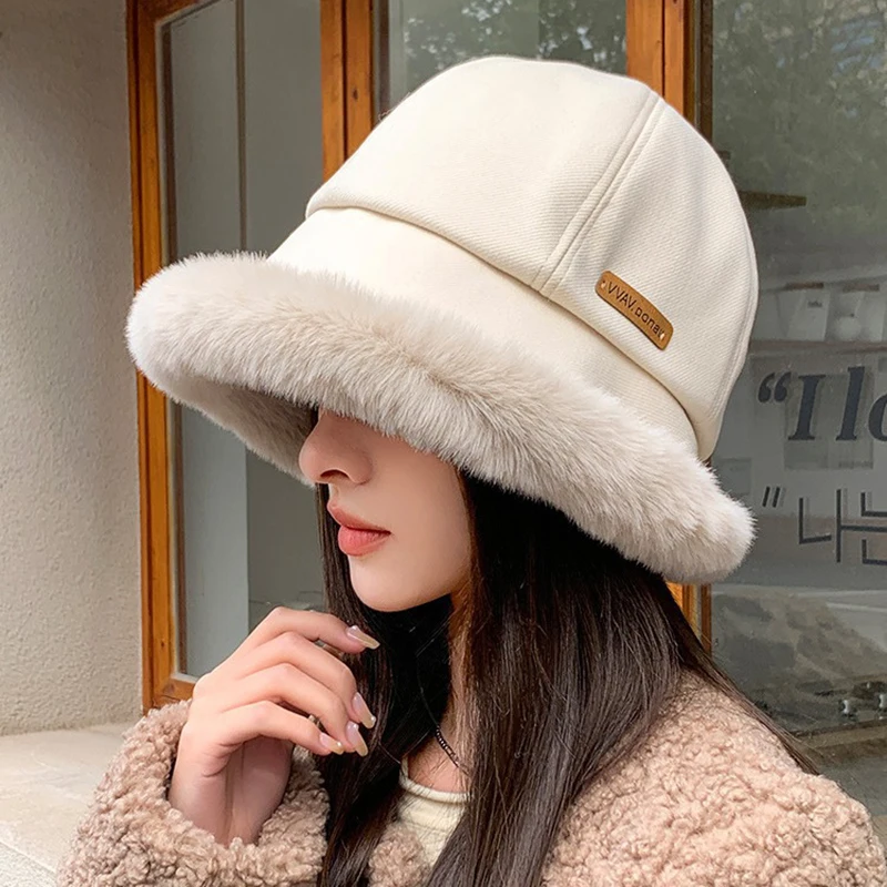 Fashion Fluffy Fur Bucket Hat for Women Winter Thick Warm Panama Fisherman Hat Female Vintage Soft Plush Basin Cap Warm plush fisherman hat women winter cap