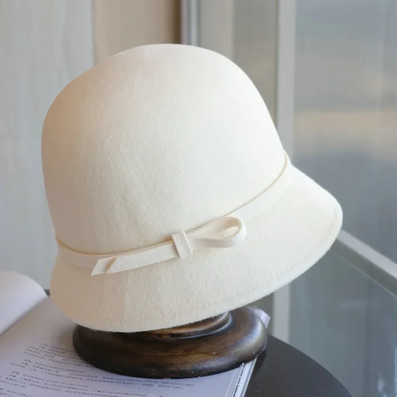 Elegant Women Felt Dome Bucket Hat Vintage Bowknot Fedoras Hats Autumn Winter Ladies Imitation Woolen Bowler Cap Elegant Women Felt Dome Bucket Hat Vintage Bowknot Fedoras Hats Autumn Winter Ladies Imitation Woolen Bowler Cap