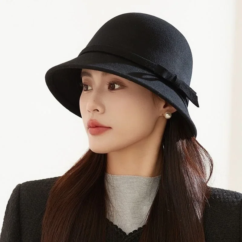 Elegant Women Felt Dome Bucket Hat Vintage Bowknot Fedoras Hats Autumn Winter Ladies Imitation Woolen Bowler Cap Elegant vintage dome bucket hat for women