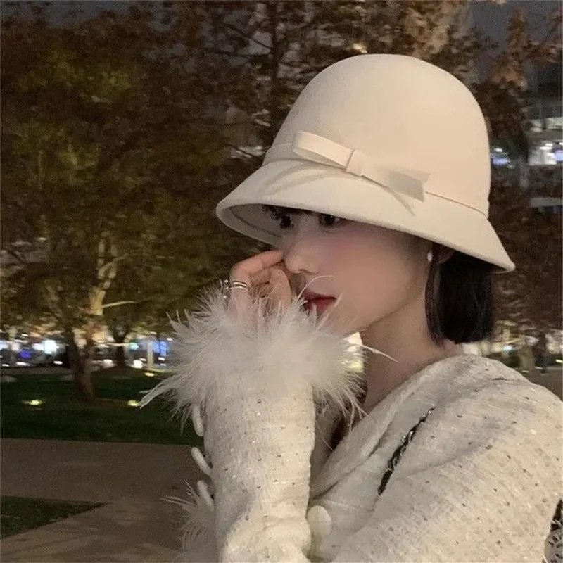Elegant Women Felt Dome Bucket Hat Vintage Bowknot Fedoras Hats Autumn Winter Ladies Imitation Woolen Bowler Cap Elegant Women Felt Dome Bucket Hat Vintage Bowknot Fedoras Hats Autumn Winter Ladies Imitation Woolen Bowler Cap