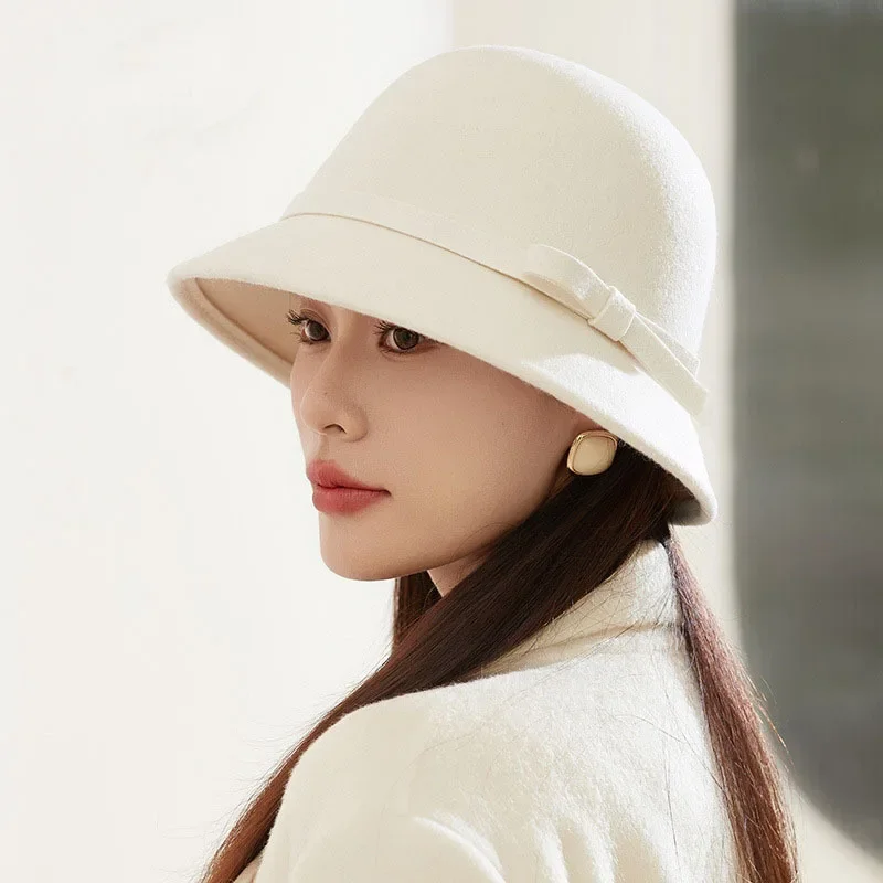 Elegant Women Felt Dome Bucket Hat Vintage Bowknot Fedoras Hats Autumn Winter Ladies Imitation Woolen Bowler Cap Elegant Women Felt Dome Bucket Hat Vintage Bowknot Fedoras Hats Autumn Winter Ladies Imitation Woolen Bowler Cap