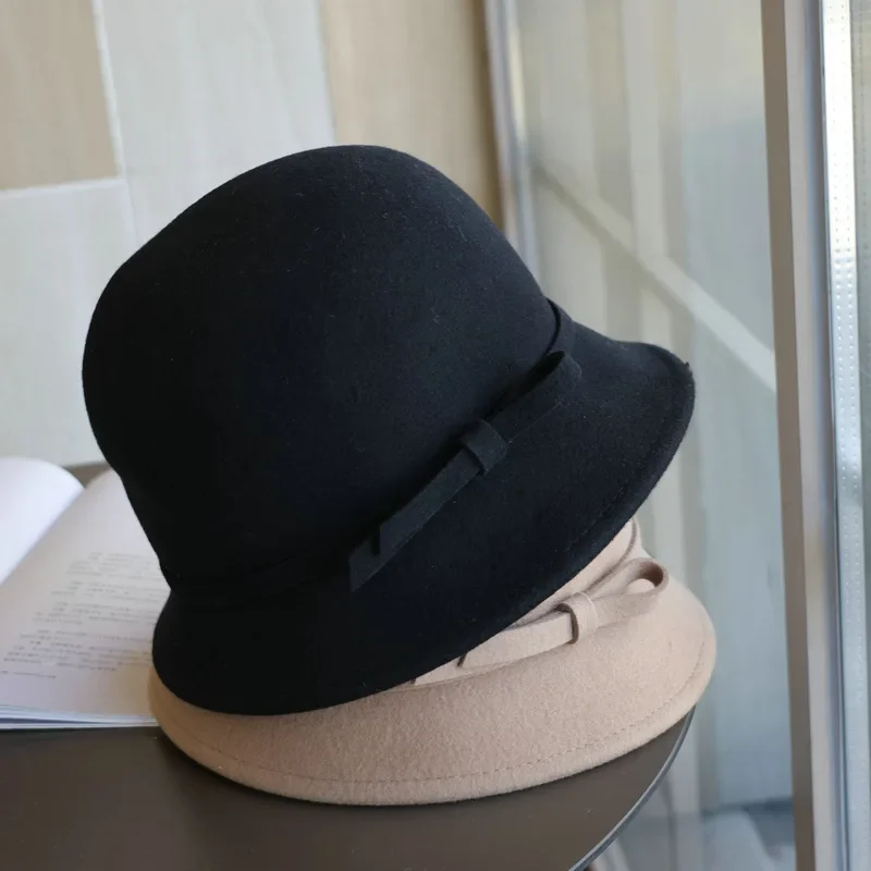 Elegant Women Felt Dome Bucket Hat Vintage Bowknot Fedoras Hats Autumn Winter Ladies Imitation Woolen Bowler Cap Elegant Women Felt Dome Bucket Hat Vintage Bowknot Fedoras Hats Autumn Winter Ladies Imitation Woolen Bowler Cap