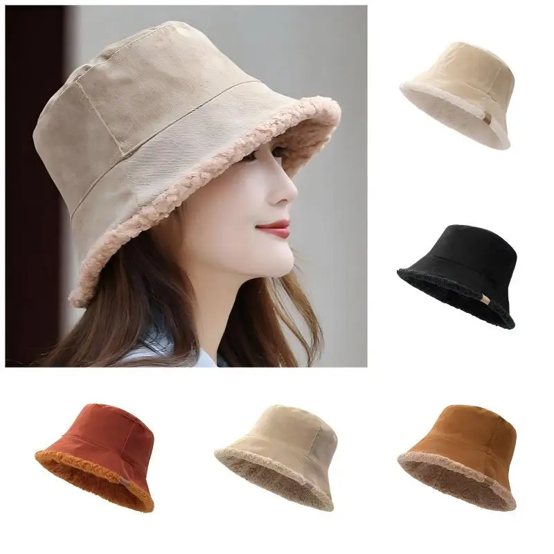 Autumn and Winter Hats for Women Korean Bucket Hat Warm and Thickened Reversible Lamb Wool Cloche Hat for Men Street Style Soft lamb wool bucket hat women outdoor wear