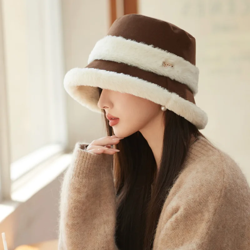 Plush Fisherman Hat Women Winter Polyester Fiberlarge Bucket Cap Fashionable and Versatile Warm Plush Pot Cap Ear Protection Hat Plush Fisherman Hat Women Winter Polyester Fiberlarge Bucket Cap Fashionable and Versatile Warm Plush Pot Cap Ear Protection Hat