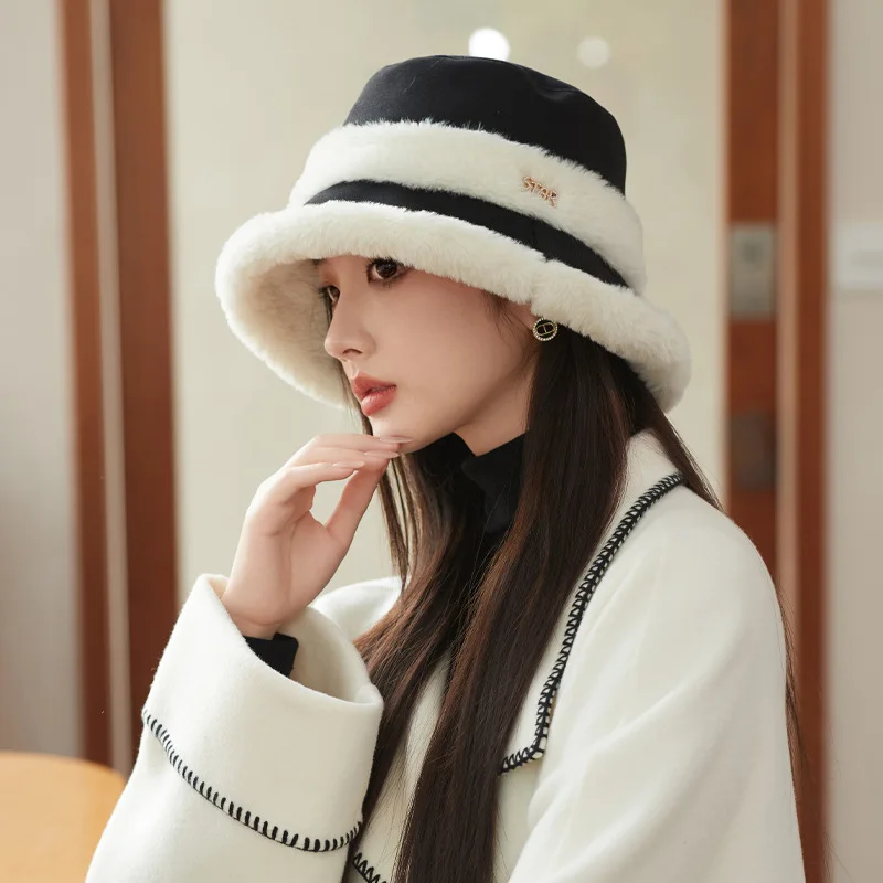 Plush Fisherman Hat Women Winter Polyester Fiberlarge Bucket Cap Fashionable and Versatile Warm Plush Pot Cap Ear Protection Hat Warm fisherman bucket hat women outdoor wear