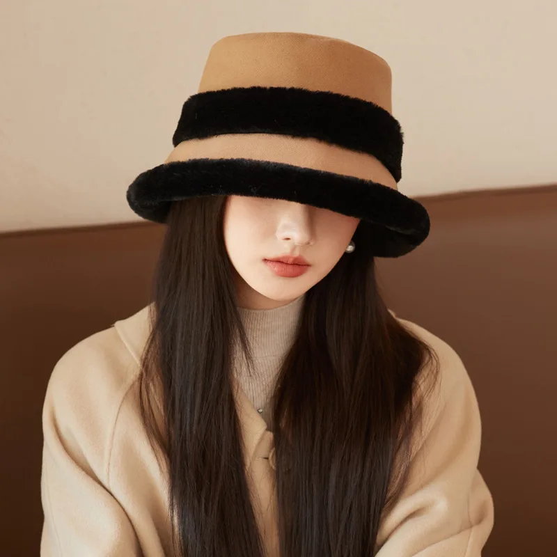 Plush Fisherman Hat Women Winter Polyester Fiberlarge Bucket Cap Fashionable and Versatile Warm Plush Pot Cap Ear Protection Hat Plush Fisherman Hat Women Winter Polyester Fiberlarge Bucket Cap Fashionable and Versatile Warm Plush Pot Cap Ear Protection Hat